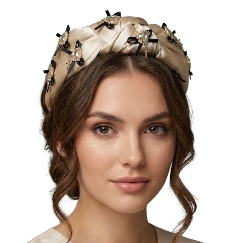 Women's Champagne Headband w/Black Bow, Rhinestone Heart w/ Cross Dangle NWOT